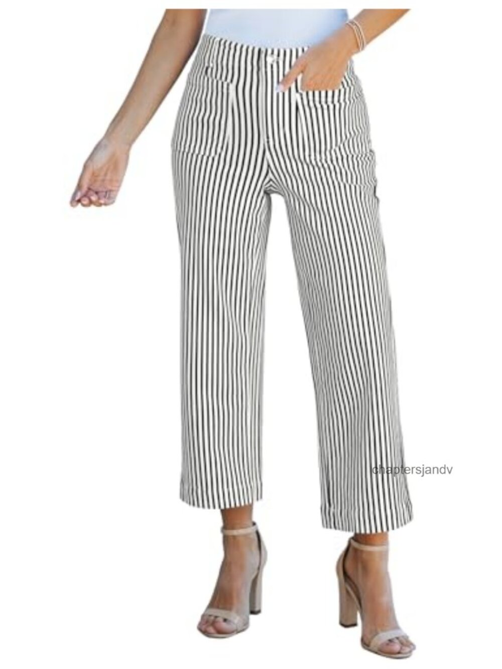 Women's Striped Wide Leg High Waisted Cropped Jeans Stretch Denim